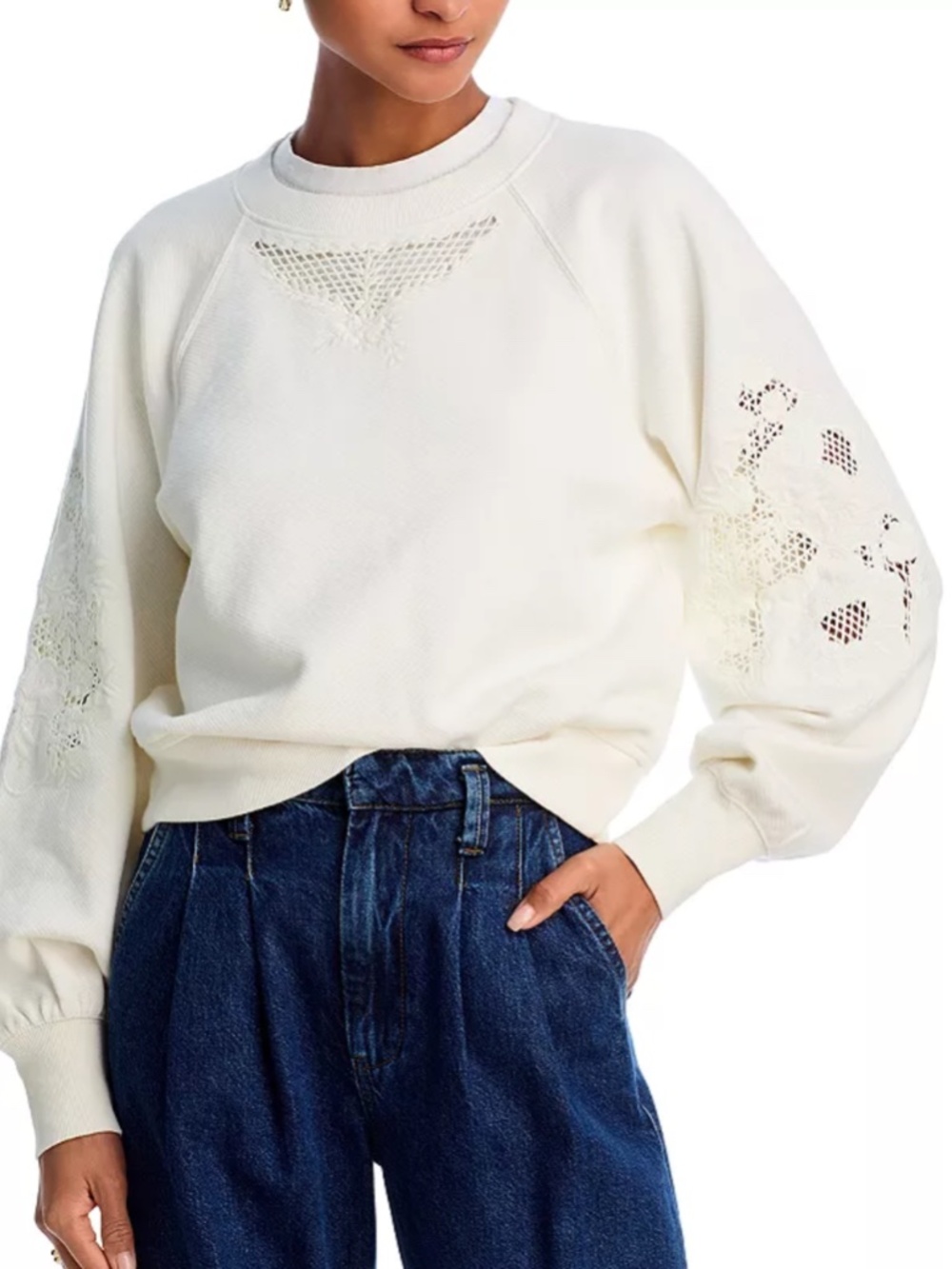 PAIGE Yolanthe Embroidered Sweatshirt, Cream, Lace Inset, Size Large